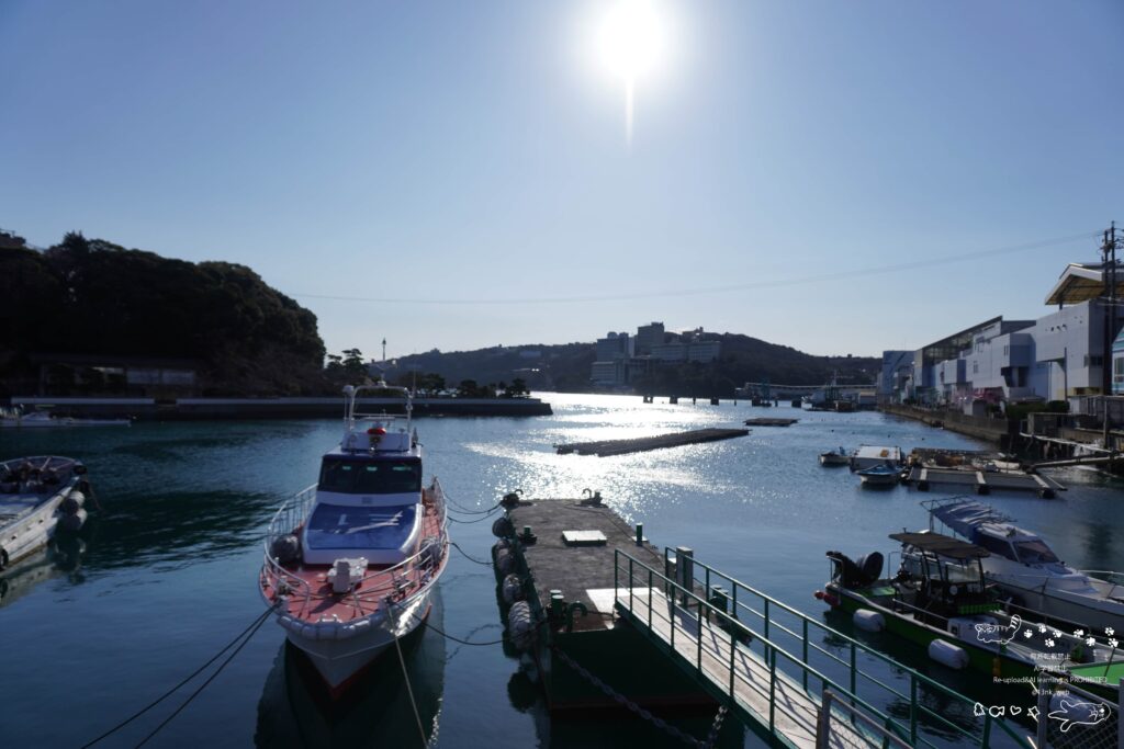 日の光に照らされる朝の鳥羽湾の港 海と船