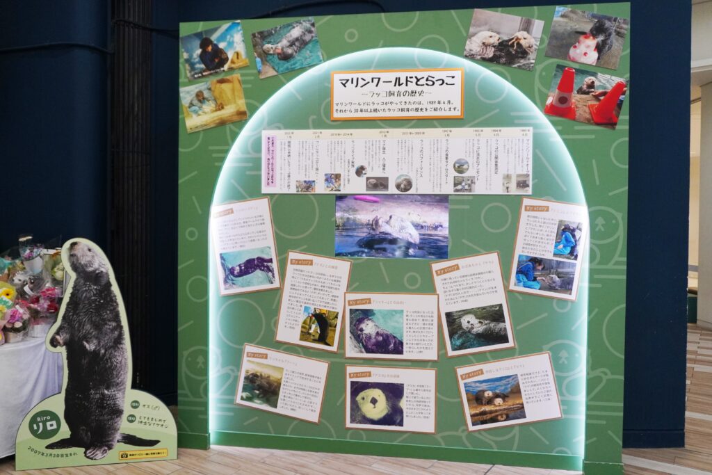 福岡のマリンワールド海の中道のラッコプール前にあった「ラッコ飼育の歴史　マリンワールドとらっこ」とタイトルがついたラッコ年表パネルとラッコのリロくんの等身大パネルを撮影した写真