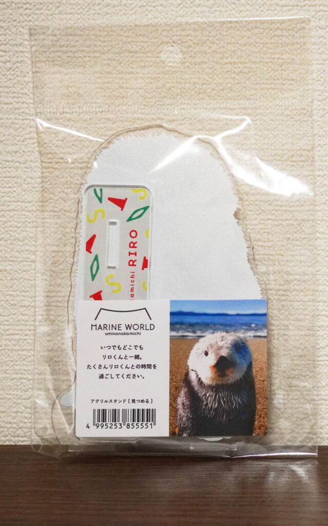 福岡のマリンワールド海の中道内にあるショップ「シーフォレスト」で販売 ラッコのリロくん見つめるバージョンのビッグアクリルスタンドの裏面の写真